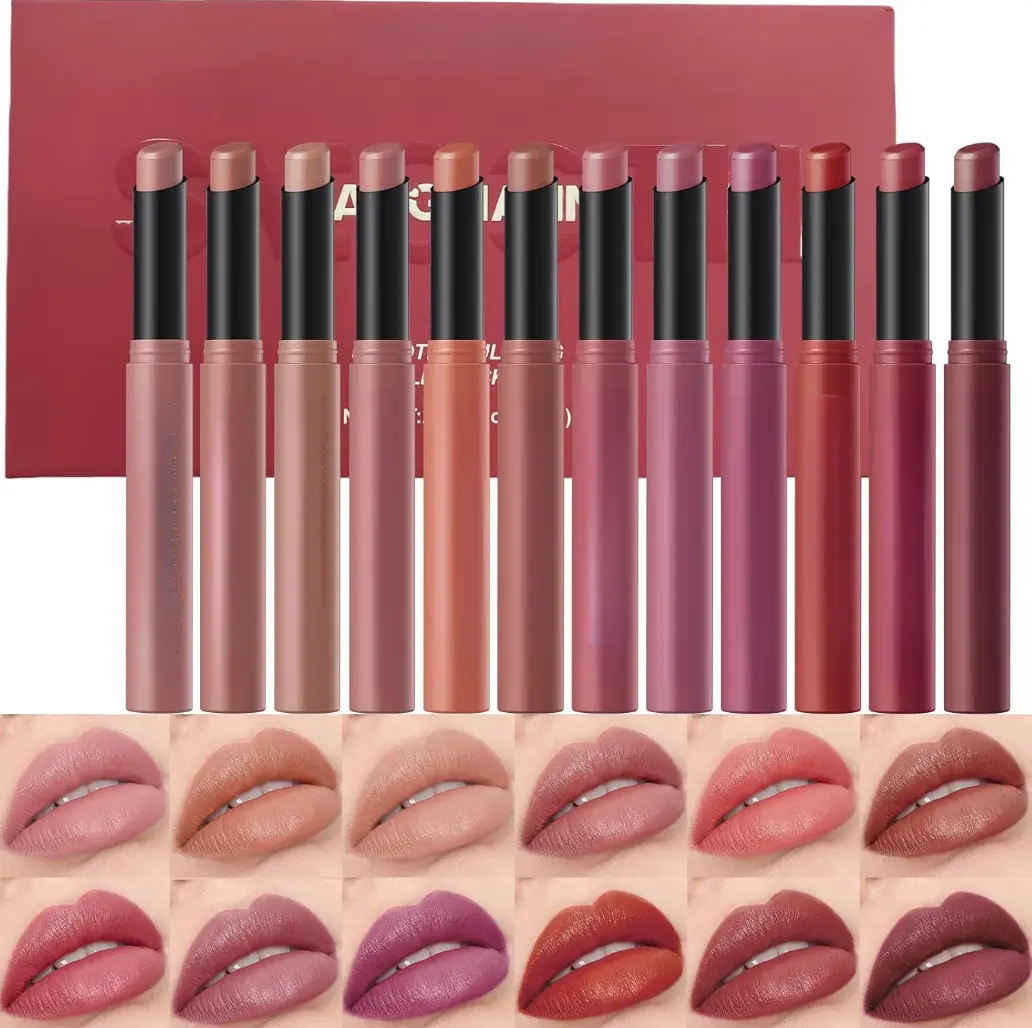 Women's Luxury 12-Pcs Vegan Safe Velvet Matte Lipstick Multi-Pack - Gentle, Hydrate, High Pigment, Moisture-Rich, Smooth, Long-Lasting Waterproof, Sensitive-Friendly, Assorted Lipstick Shades 01#-12#, Adults' Everyday Glam Makeup Beauty Gift, Brand Assura