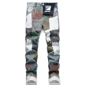 Men Patches 3D Print Denim Jeans Fashion Patchwork Colored Painted Pants Cotton Slim Straight Trousers