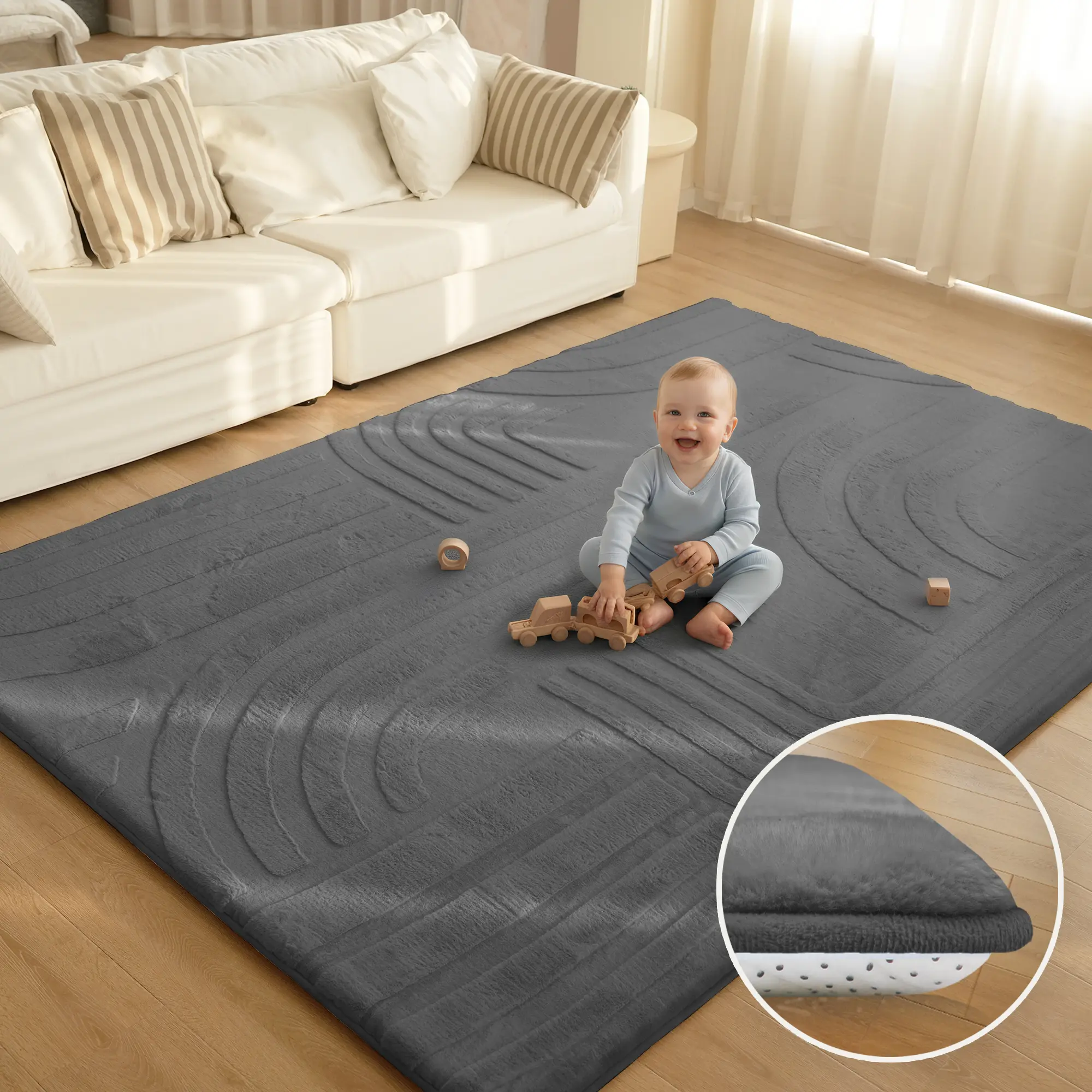 Huloo Sleep Ultra Soft 3D Carved Faux Rabbit Fur Baby Play Mat - 1.3" Extra Thick Fluffy Non-Slip Faux Fur Rug, All Seasons, Ideal for Nursery & Playroom