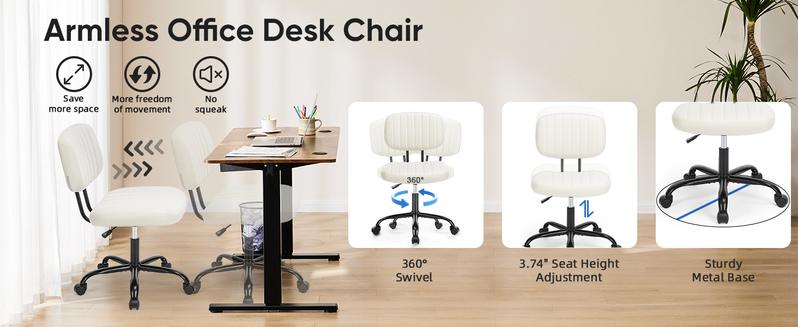 【Deal】Compact Office Chair - Height Adjustable Rolling Swivel Desk Chair with PU Leather, Armless Task Chair for Small Spaces, Home, Bedroom, Student & Vanity Use