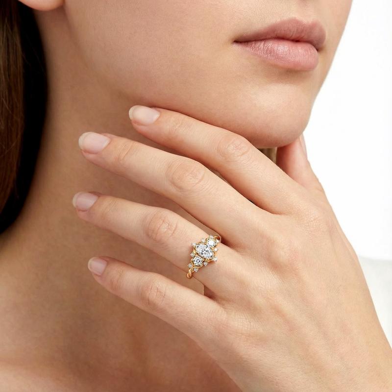 Delzzad 0.7ct Vintage Cluster Oval Cut Engagement Ring Band VVS Synthetic Moissanite Ring Jewelry S925 Perfect Birthday Engagement Wedding Anniversary Christmas Gift