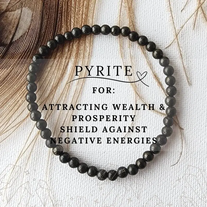 Natural Pyrite 4mm Round Beaded Handmade Elastic Protection Bracelet, Healing Crystal Jewelry for Adults, Attraction & Inspirational Beaded Bracelet Gift