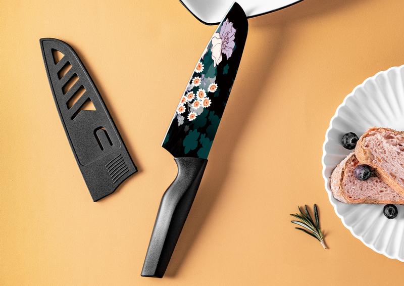 Astercook 12-Piece Flower Kitchen Knife Set with Blade Guards, Dishwasher Safe, German High Carbon Stainless Steel Block, Springtok Multicolor Cutting