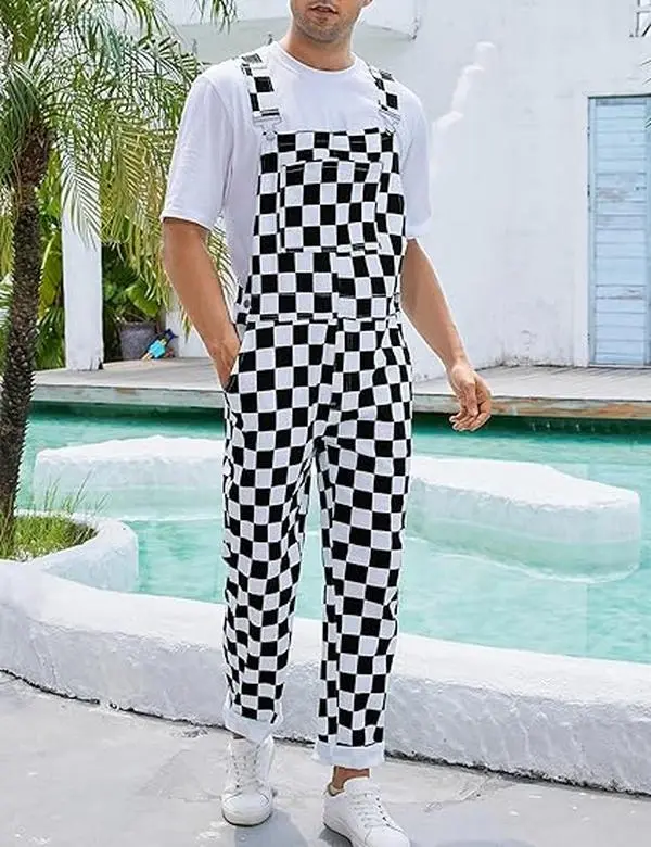 Yuanbang Men's Checked Christmas Denim Bib Overalls - Sleeveless, Adjustable, Pocketed Fashion Coveralls