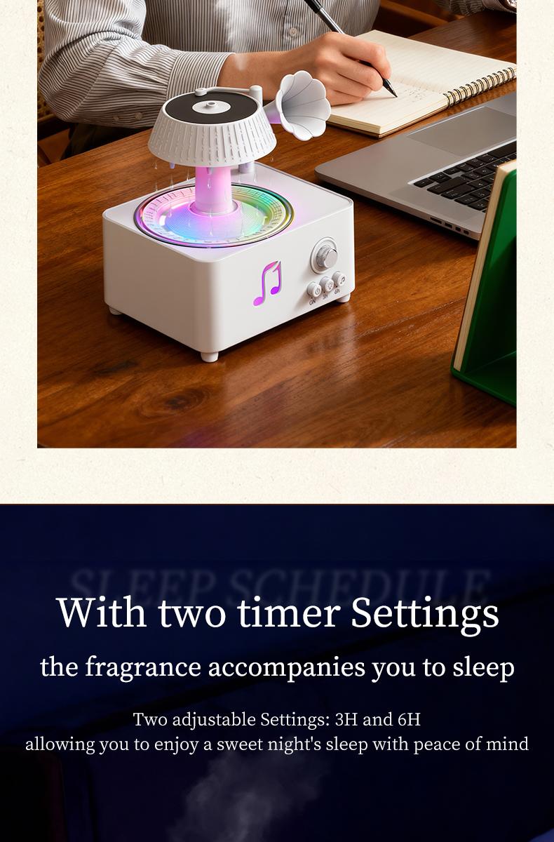 Phonograph-style aroma diffuser and humidifier with white noise and Bluetooth music, includes essential oils, features multiple natural sounds, automatic shut-off when water runs out, and ultrasonic raindrop rotation. A high-end white aroma diffuser gift.