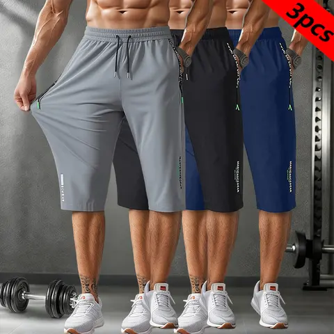 Men’s lightweight ice silk 3/4 pants with zippered pockets and a drawstring waist; breathable, quick-drying casual trousers suitable for sports and running; comfortable for outdoor activities, home leisure, and fitness training; also great as a gift.