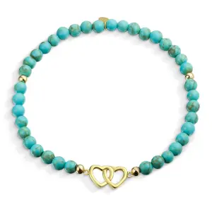 Danity Interlocking Hearts Turquoise Strand Bead Stretch Bracelet Gold Plated Sterling Silver