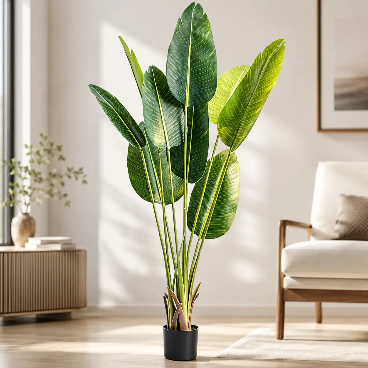 5FT Plastic Artificial Bird of Paradise Tree with Black Pot, Dried Moss, UV-Resistant Waterproof Leaves - Faux Tropical Decoration for Indoor Home, Office Decor, Ideal Gift