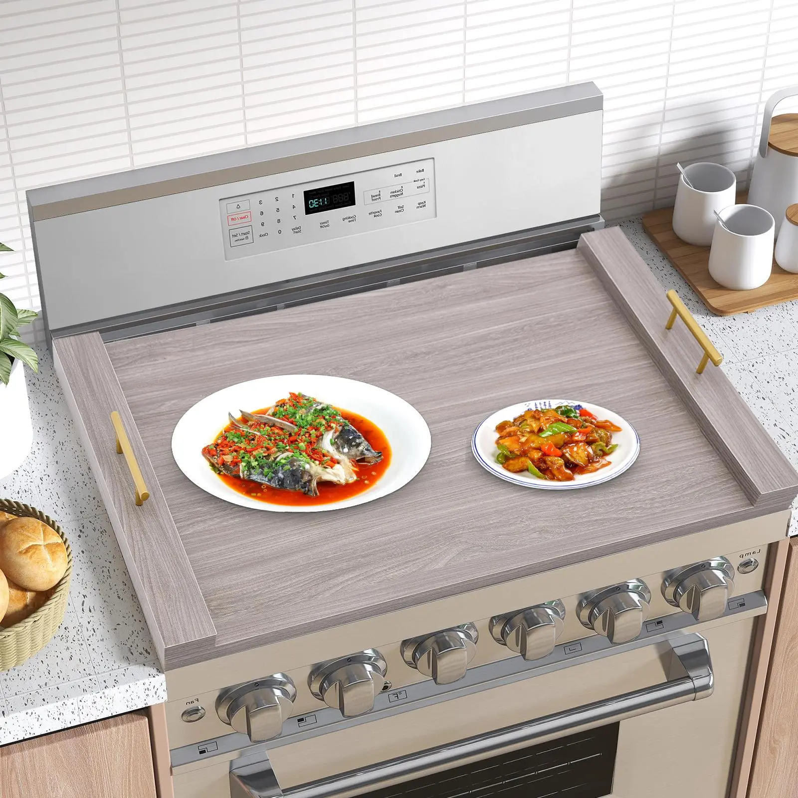 Paint-Free Solid Wood Rectangular Stove Board with Stove Cover, 4.5kg Wooden Board Plates, Home-Kitchen Noodle Serving Tray, Ideal for Hotels, Summer Use