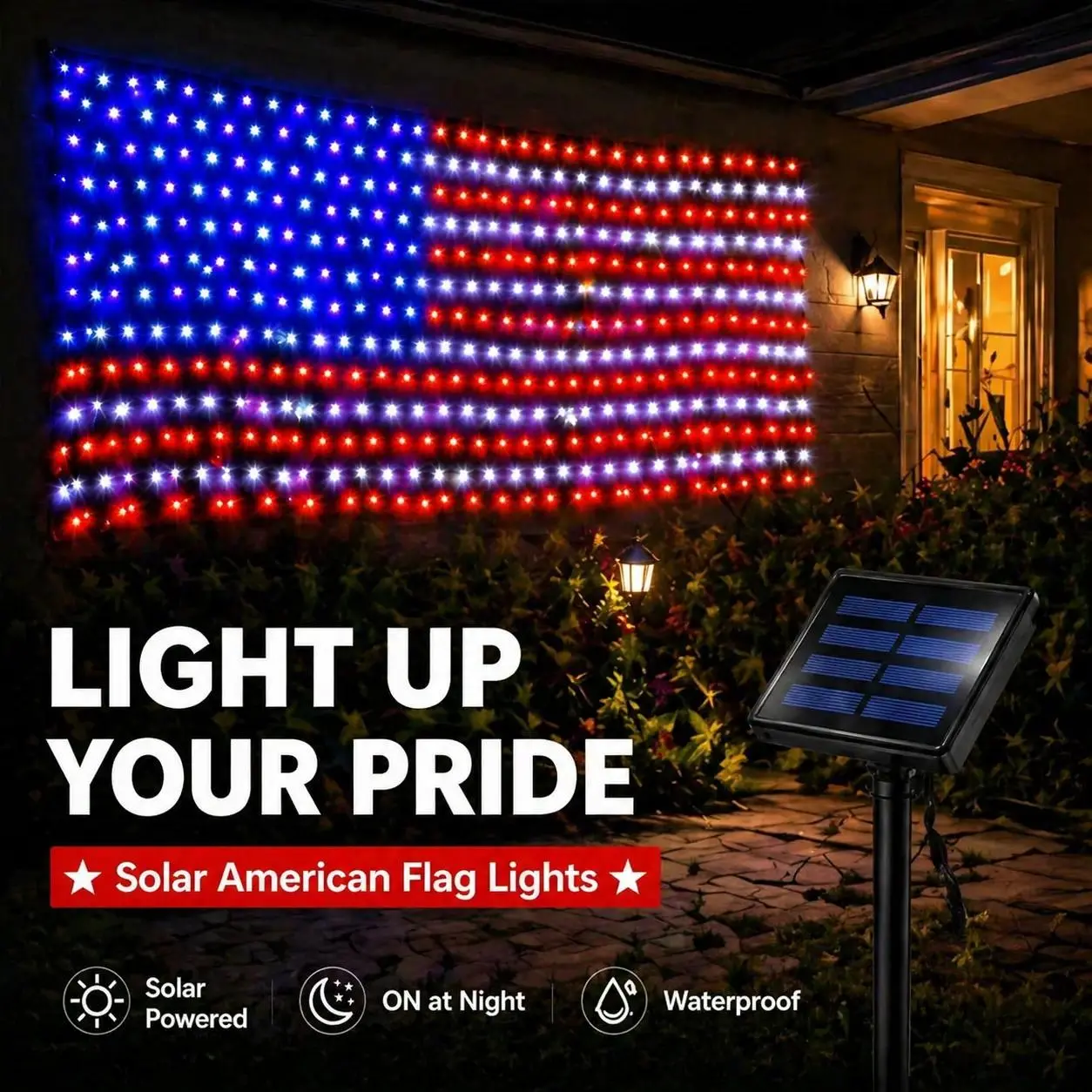 echosari Solar American Flag Lights Outdoor,420 LEDs American Flag Net Lights 6.5ft x 3.28ft Super Bright,Memorial Day Decorations of The United States for Independence/National/Memorial Day,July 4th Waterproof solar lights outdoor