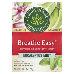 Traditional Medicinals Breathe Easy®, Eucalyptus Mint, Caffeine Free, 16 Wrapped Tea Bags, 0.85 oz (24 g)