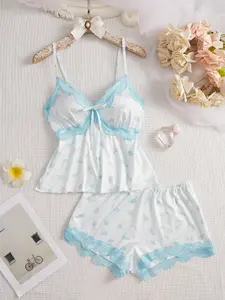 AgeRose Women's Floral Print Pajama Set Lace Trim Cami Top and Shorts Sleepwear Soft Satin V-Neck Loungewear Set Valentine's Day Gift