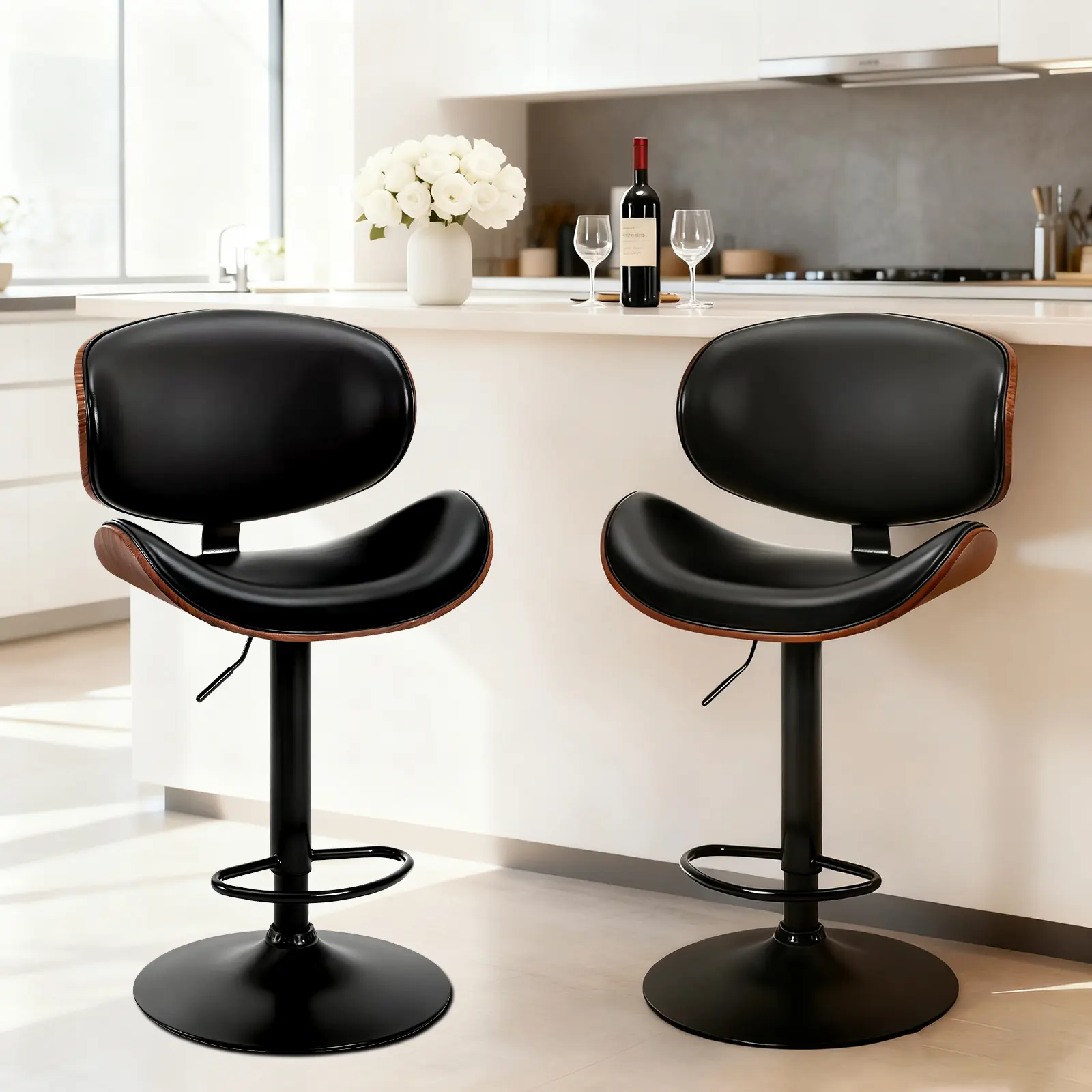 Sweetcrispy 2-Piece Adjustable Swivel Bentwood Bar Stools - Modern PU Leather Upholstered Kitchen Counter Chairs with Backrest, Footrest, for Kitchen, Home Bar, 360° Rotational Swivel Barstools, Adjustable Swivel Barstools