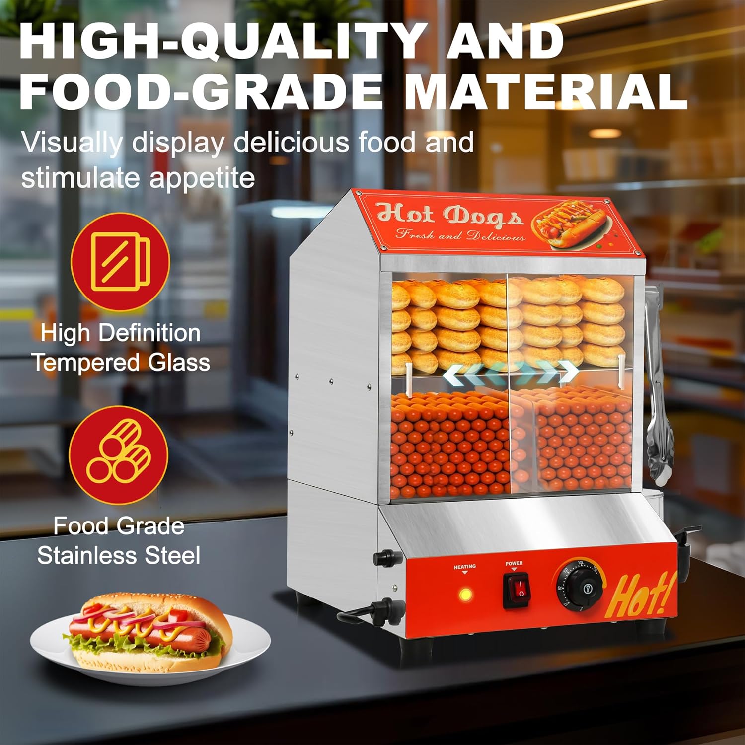 32QT Hot Dog Steamer, 2-Tier Stainless Steel Hot Dog Hut Steamer with Bun Warmer, Electric Hot Dog Bun Steamer with Sliding Door and Clip, Hold 175 Hotdogs and 40 Buns, 32℉-185℉ Temp Control, 1000W