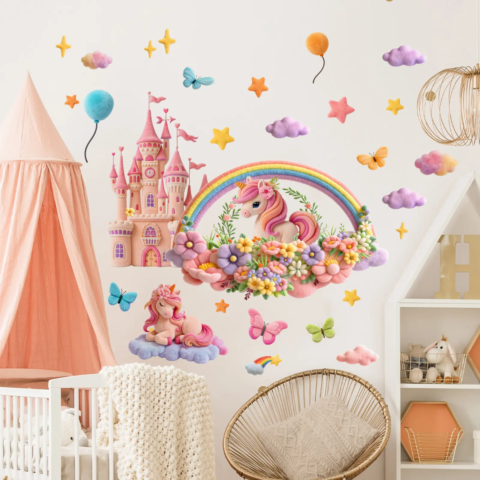 3Pcs/Set (3090cm3pcs) Dreamy Rainbow Unicorn Wall Stickers, Decorative Stickers, Wall Decor for Girls & Kids Room, Fairy Tale Theme Decals