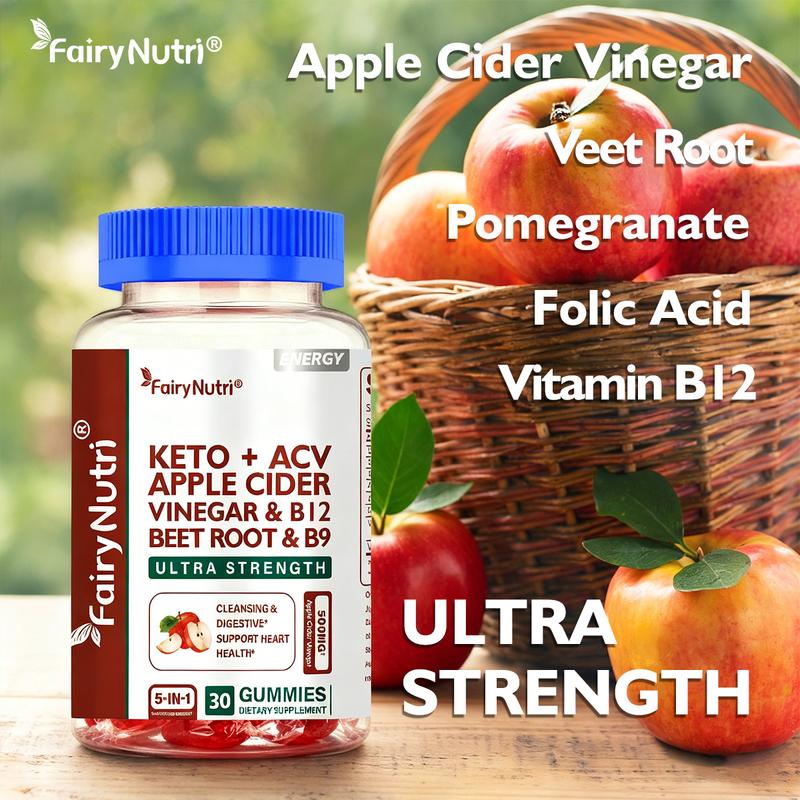 FairyNutri Keto + ACV Gummies, 5-in-1 Apple Cider Vinegar Gummies with Beet Root, Pomegranate, Vitamin B12 & B9, Supports Gut Health, Detox & Energy, 500mg ACV, 30 Gummies