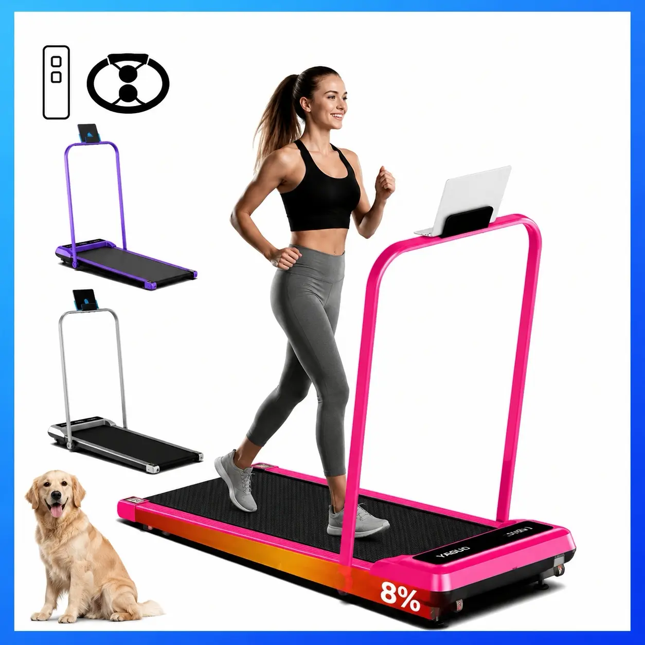 [New Arrival Adjustable Incline]Electric Folding Treadmill with Handrail, Low-Noise Motor – 265lbs Weight Capacity Spacious Belt Walking Pad, Dual Shock Absorption, Remote Control & Wheels for Easy Moving – Includes Free Resistance Bands and Remote