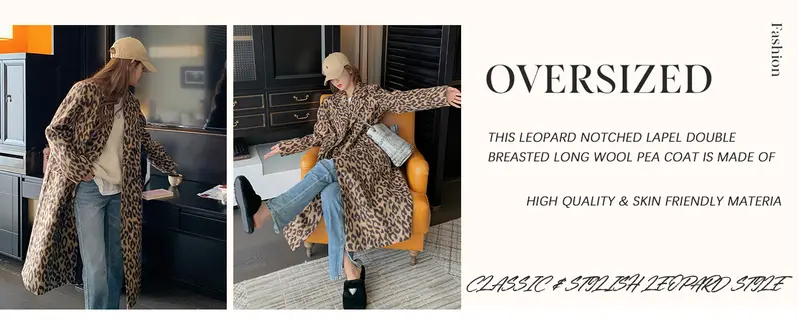 Chouyatou Women's Soft Leopard Print Long Wool Trench Coat - Notched Lapel, Double Breasted, Dressy Winter Warm Overcoat with Premium Fabric Style, Comfortable, Jackets,back to school,back to school shopping, Fashion, Outerwear