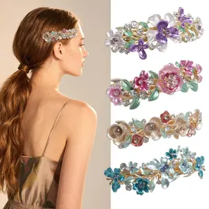 4 Colorful Vintage Decorative Flower Design Metal Gold Tone French Barrettes Hair Clasps Accessories Women Girls