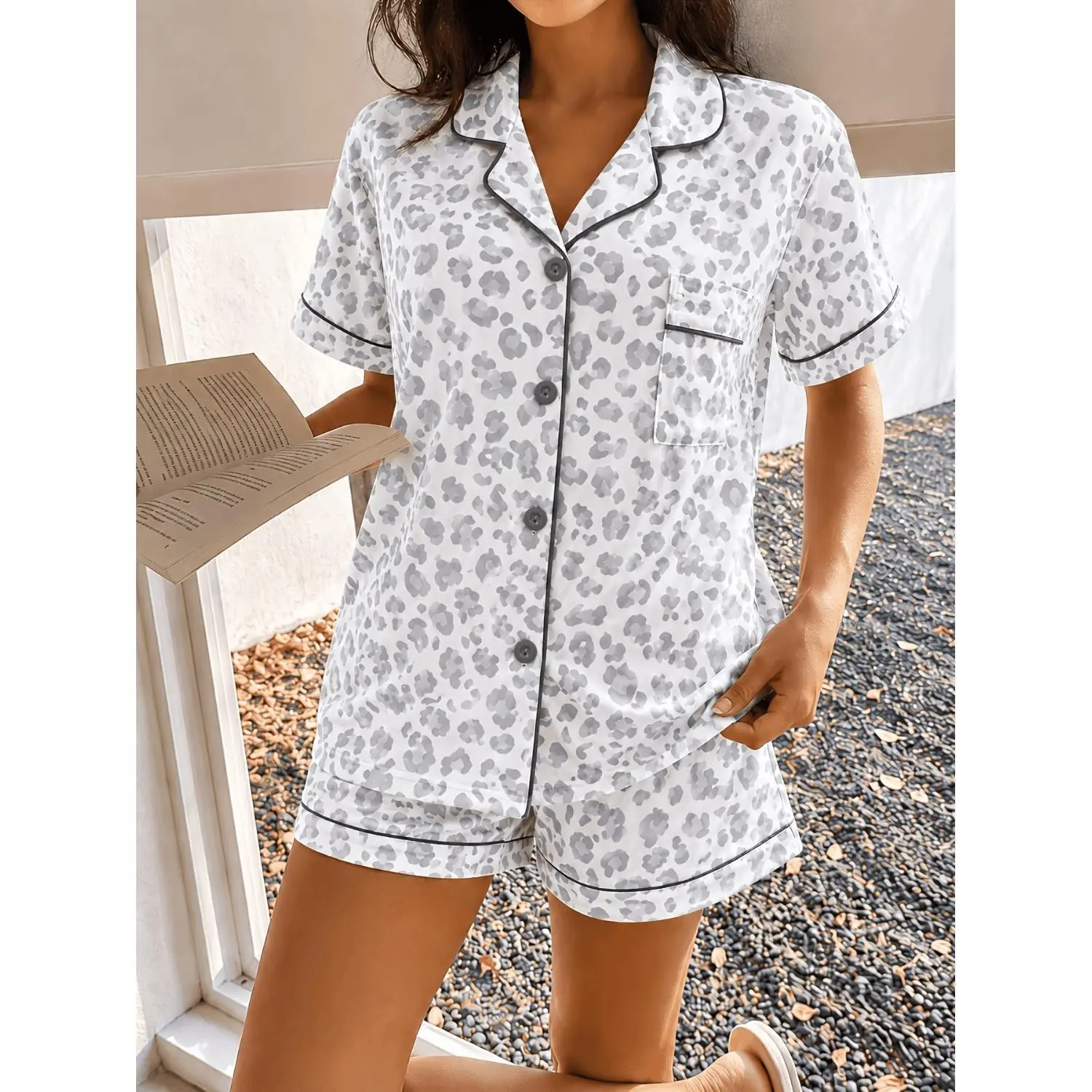 Women's Grey Leopard Print Pajama Set, Short Sleeve Button-Up Top & Shorts, Soft 2-Piece Loungewear for Sleep & Home