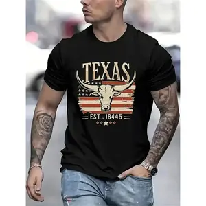 Texas Pride Bull Head T-Shirt Soft Comfortable Fabric Round Neck Short Sleeves Machine Washable Casual Summer Top for Men Streetwear Crewneck Shortsleeve Menswear Tshirt Top Man Biker Black Tropical