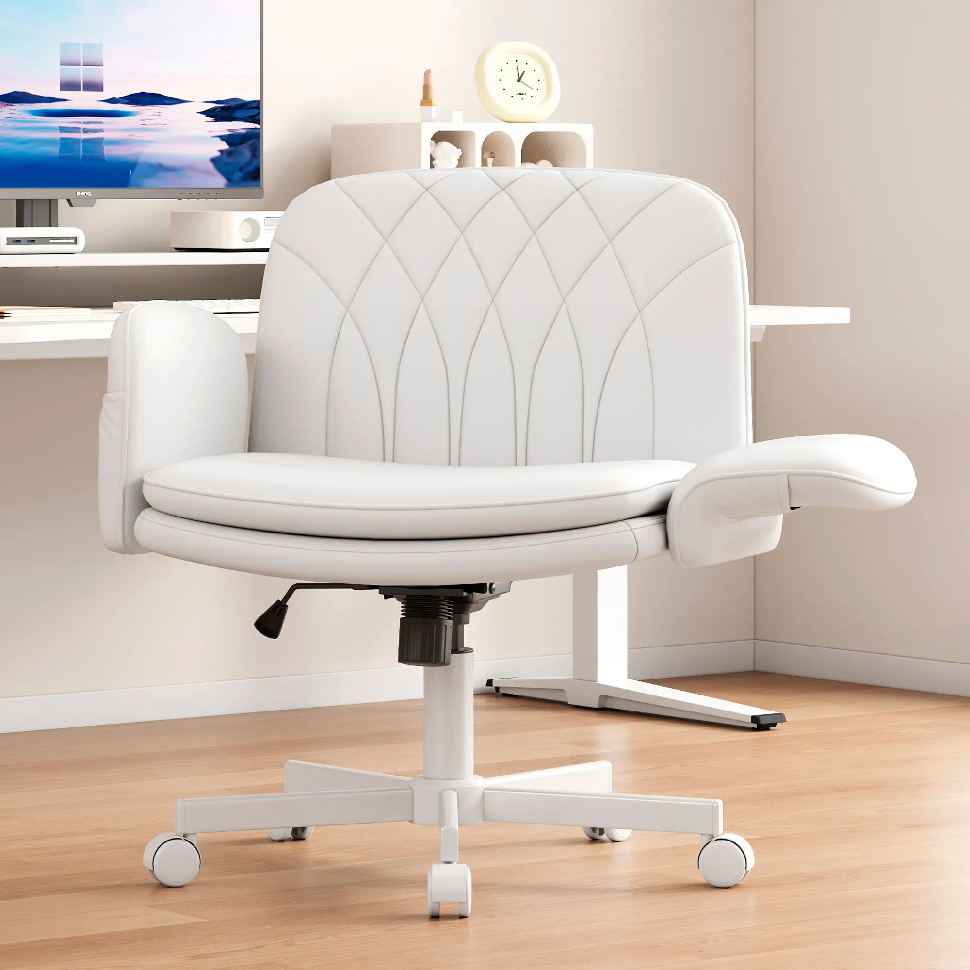 Misolant Criss Cross Chair with Armrests & Wheels for Cross-Legged Sitting, Comfortable PU Leather Vanity Chair, Office Desk Chairs with Adjustable Rocking Function, for Home, Bedroom MI-6167summergarden