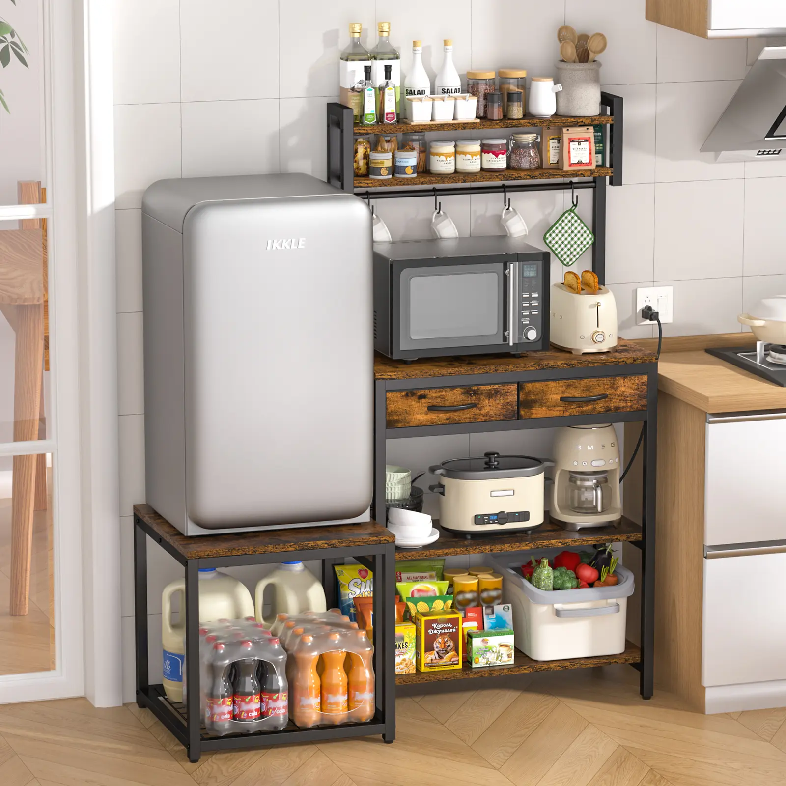 Industrial Rustic Mini Fridge Stand - Multi-Use Storage Shelf with Microwave Rack, Power Strip, 19 Compartments (29.92" x 14.57") for Dorm, Household Appliance Organization