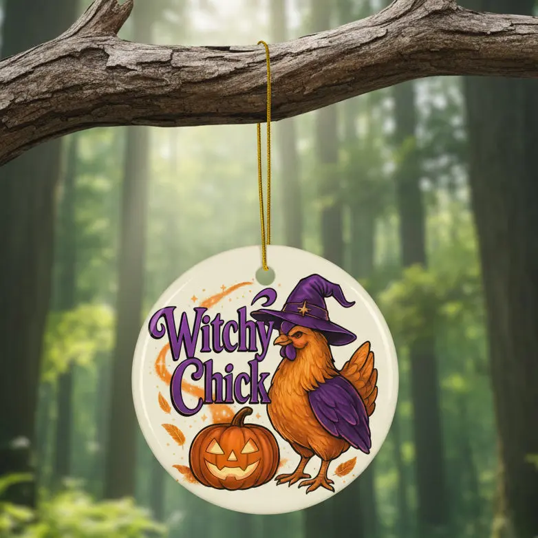 Witchy Chick Ceramic Halloween Ornament