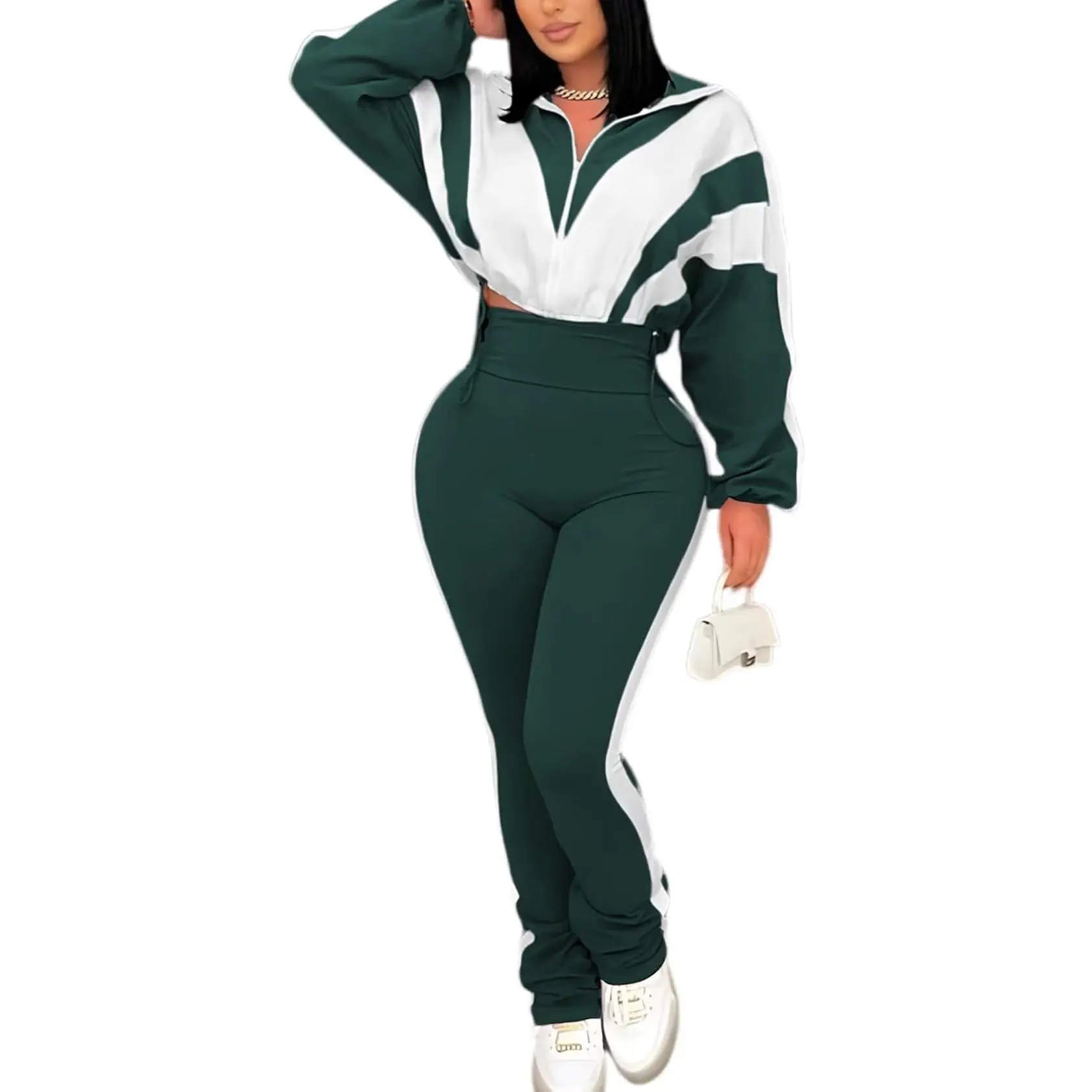 Womens 2 Piece Sweatsuits Color Block Long Sleeve Zipper Cropped Jacket Legging Pants Set Tracksuit Jogger Outfits