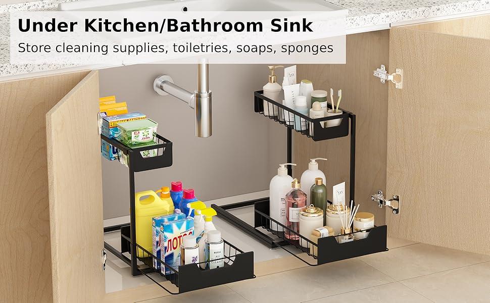 Under Sink Organizer L-Shape 2-LayerMetal Slide-Out Storage Rack Cabinet SnackDrawer kitchen organizer Spice rack DormitoryDining Room Bathroom Organizing AccessoriesMother's Gift.