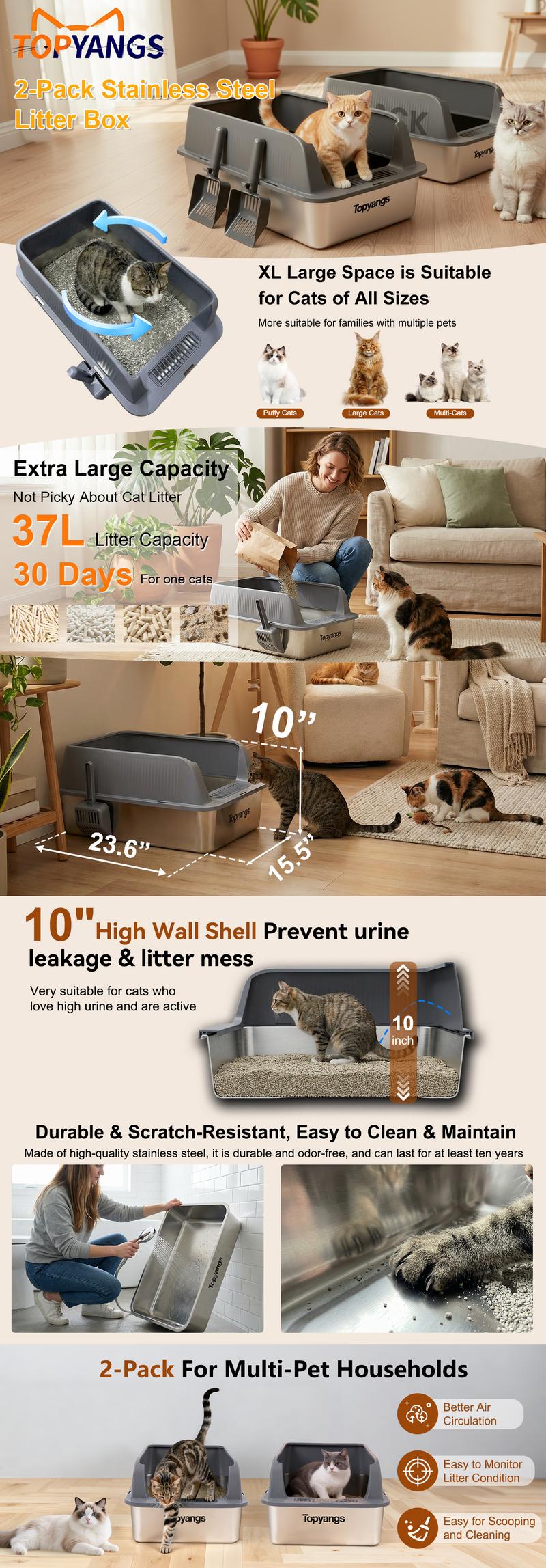 Topyangs 2-Pack XL Stainless Steel Extra Large Cat Litter Box High Wall Metal Construction Non-Sticky Material Easy to Clean for Multiple Cats 23.6x15.5x10 Inches