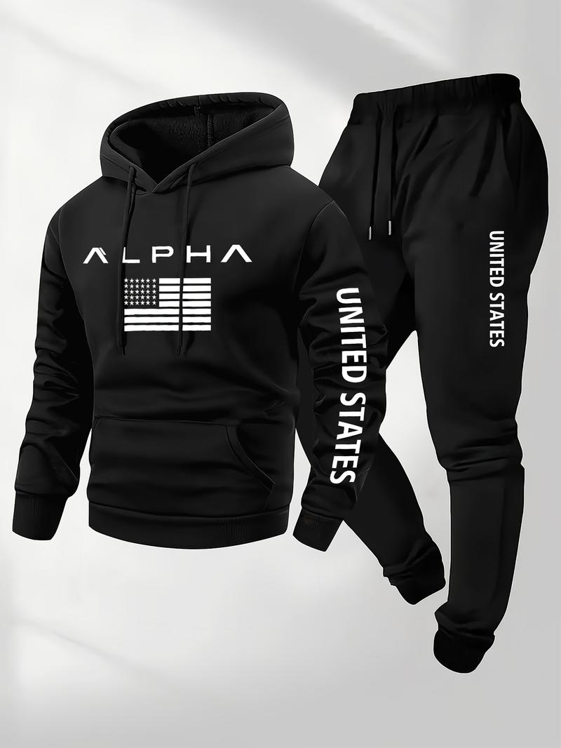 Men's Casual Letter Print Hoodie Set Comfortable Long Sleeve Hooded Sports Shirt with Elastic Waistband Pocket Pants Autumn Winter Edition