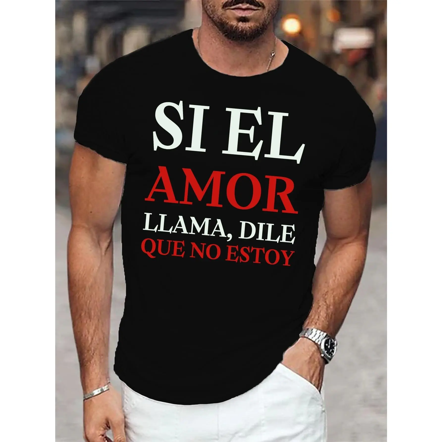 Men's Casual Graphic Print T-Shirt - Short Sleeve Summer Tee with "Si El" Design in Black,  Spanish & English,  Lightweight  Fabric,  Round Neck,  Machine Washable