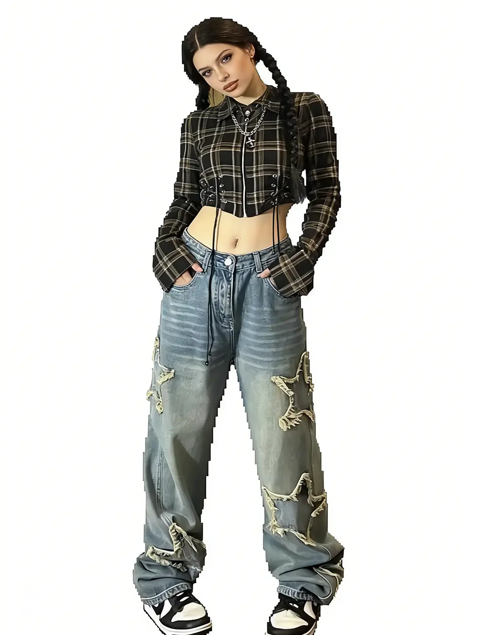 Women's High Waist Baggy Wash Denim Jeans - All Seasons Streetwear Pants for Women with Vintage Star Patch, Punk Goth Style, Embroidery, Polyester Fabric, Zip Closure, Plus Size, Casual Grunge Wear