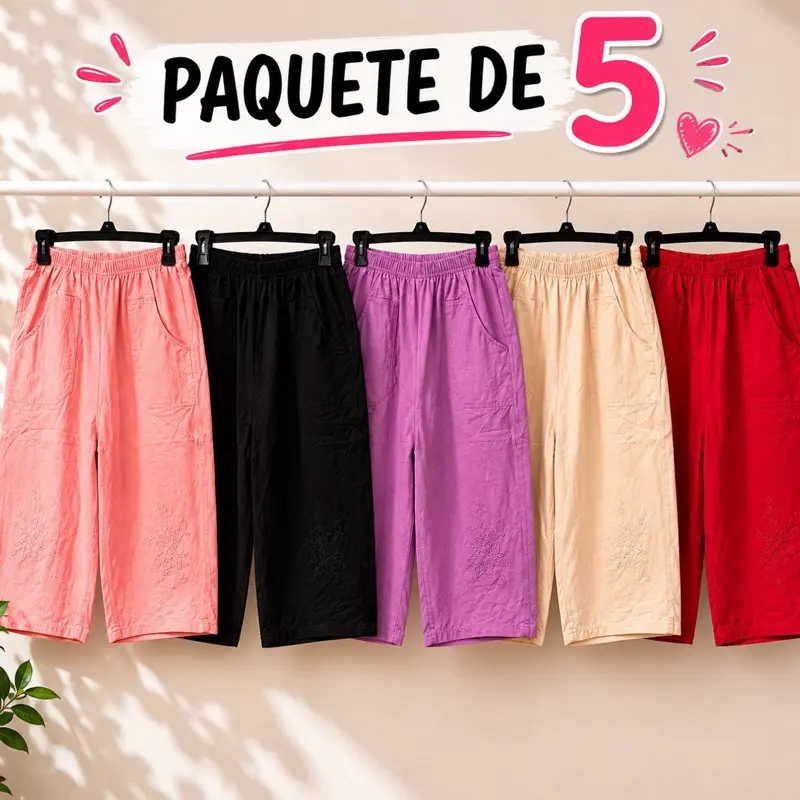 lWomen’s 5-Pack Cotton Capri Pants - Womenswear Mommy Embroidered Casual Cropped Pants with Assorted Colors