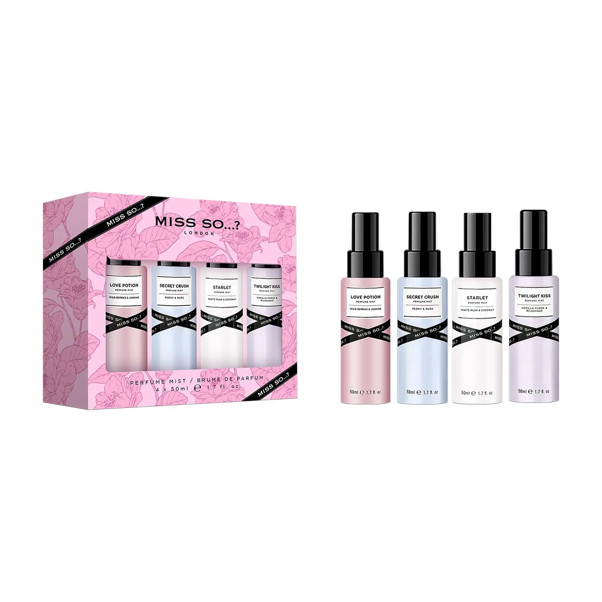 So...? Miss So Set - Body Sprays for Women - Fruity, Floral Body Mist - Irresistible, Long Lasting Perfume Mist - Vegan and Cruelty Free - 4 Pc