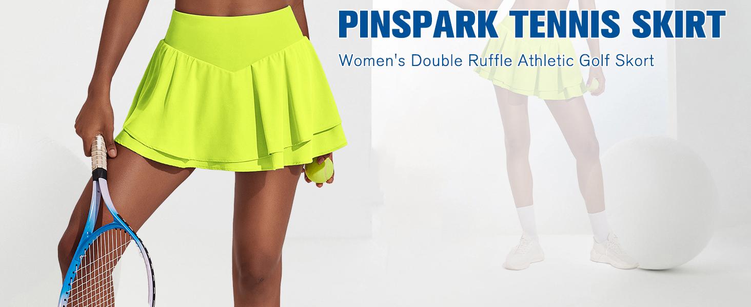 PINSPARK Womens Tennis Skirt with Pockets Double Ruffle Stretchy Athletic Skirts Lightweight Cute Golf Skort, Neon Yellow Large OutdoorFun PINSPARK Womens Tennis Skirt with Pockets Double Ruffle Stretchy Athletic Skirts Lightweight Cute Golf Skort, Neon Yellow Large OutdoorFun