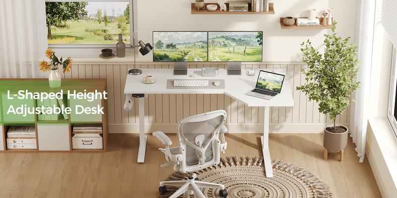 Agilestic 55.1 Inch /59 inch Electric L-Shaped Height Adjustable Standing Desk Sit to Stand Corner Desk with Memory Presets and Hooks Ergonomic Home Office Computer Desk for Workstations White