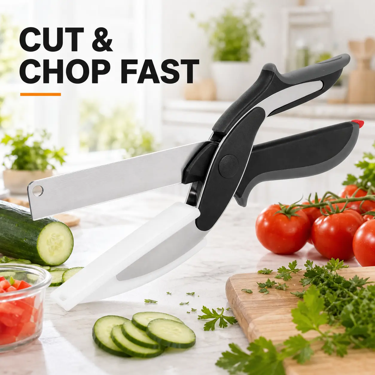 2 in 1 Kitchen Scissors for Food- Stainless SteelBlade & Plastic Cutting Board Scissors withSafety Lock 9.6" Tomato Knife, Fruit &Vegetable Cutter -Easy-to-Use Kitchen Shearsfor Meat, Cheese, Holiday Gift
