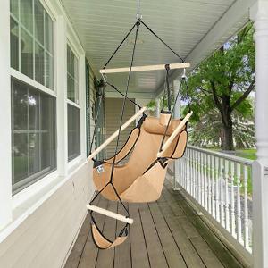 ONCLOUD Upgraded Unique Hammock Hanging Sky Chair, Air Deluxe Swing Seat with Rope Through The Bars Safer Relax with Fuller Pillow and Drink Holder Solid Wood Indoor/Outdoor Patio Yard 250LBS