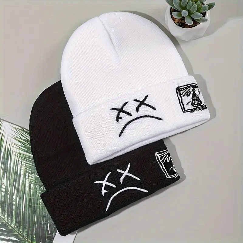 Unisex Cuffed Knitted Beanie Hat - Skater Graphic Hats, Women's Sad Face Embroidered, Soft Warm Winter Accessory with New Heart Design, Trendy Hip Hop Streetwear Skull Cap, Wool Western Newsboy Denim Black Flatbill for Skate & Daily Wear