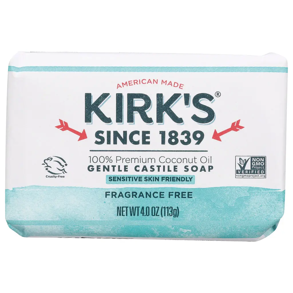 Kirk's Soap Non-GMO Castille Soap Gentle for Sensitive Skin Fragrance-Free 4.0 oz 113 g Premium Coconut Oil Castille Soap bath and shower