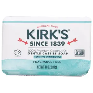 Kirk's Soap Non-GMO Castille Soap Gentle for Sensitive Skin Fragrance-Free 4.0 oz 113 g Premium Coconut Oil Castille Soap