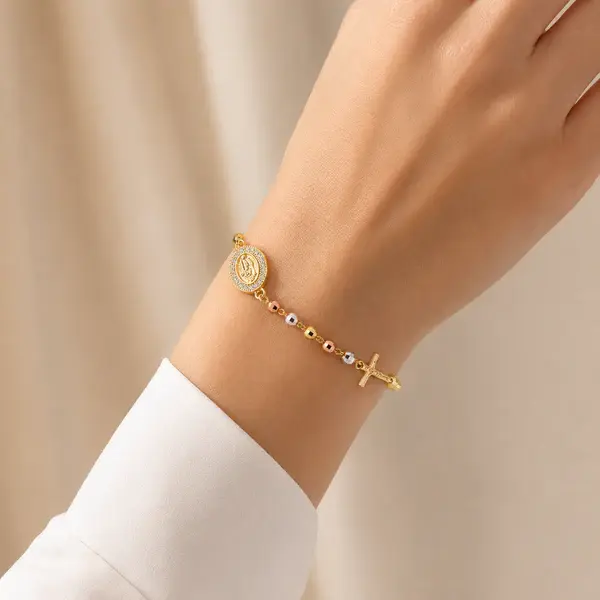 Tricolor Rosary Bracelet with Rosary Beads, Virgin Mary Charm, Jesus Cross Charm - Lightweight Premium Religious Faith Jewelry for Daily Wear