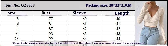 Short Deep V-neck Slim-fit Long Sleeve Knitted Sweater in Apricot & Black for Winter Pullover Style Thick Polyester Plain Design