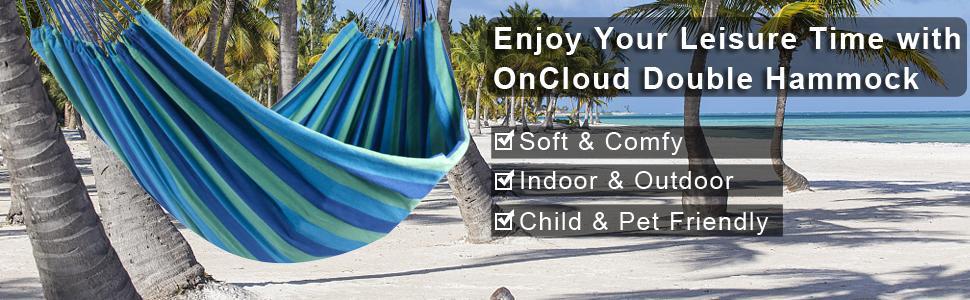 ONCLOUD Extra Long and Wide Double Hammock for Travel Camping Backyard, Porch, Outdoor or Indoor Use, Carrying Pouch Included (Blue/Green Stripes)