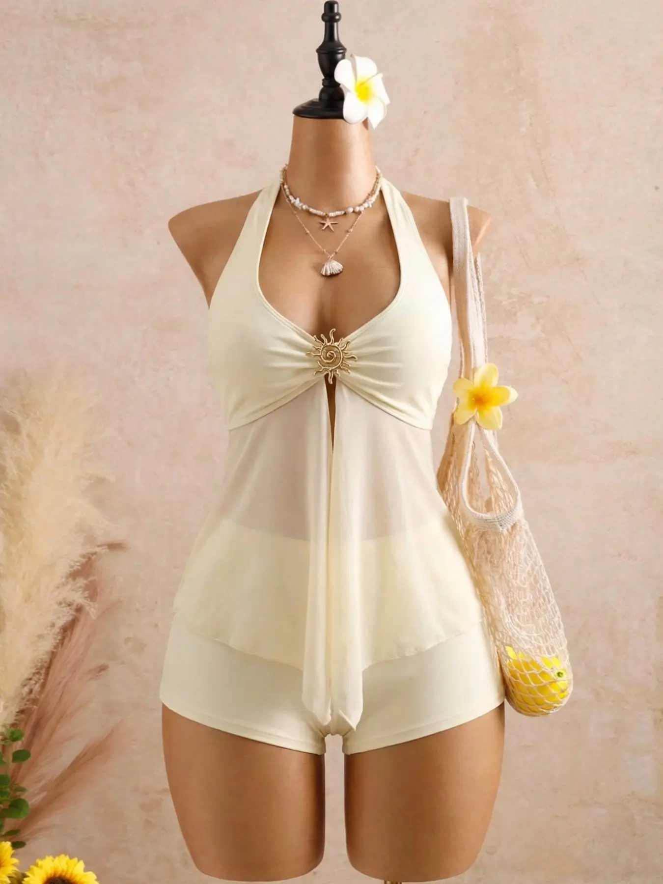 Women's Solid Color Two-Piece Set, Elegant Slimming Halter Top & Shorts for Beach Party and Vacation, Perfect for Coastal Getaways and Events Tankini Swimwear Halter Neck Tankini Swimsuits