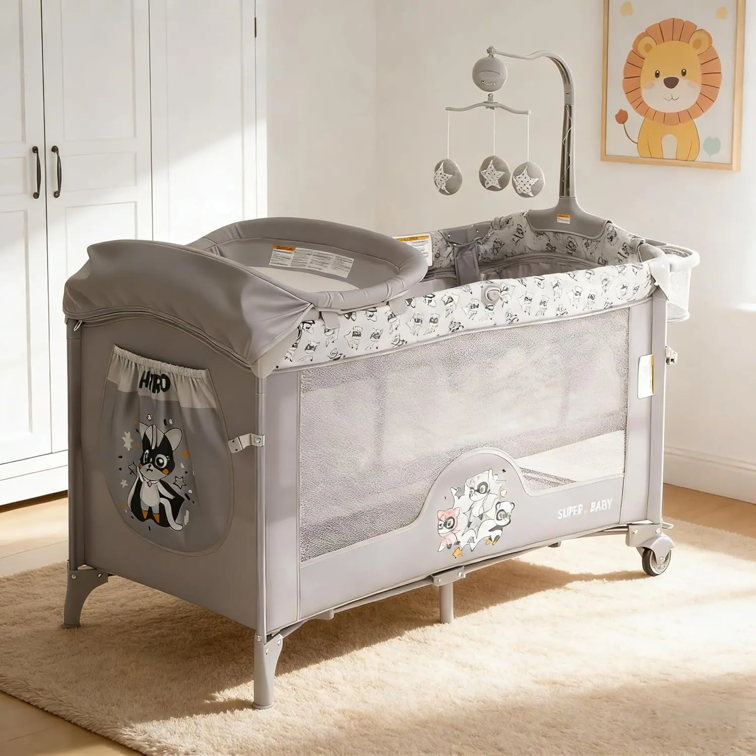 GAOMON 4 in 1 Baby Bassinet, Pack and Play, Bedside Crib Sleeper, Portable Crib with Zip Door & Changing Table, Locking Wheels, Bottom Storage and Toy Bar for Newborn to Toddles Crib For Infant Height Adjustable Crib