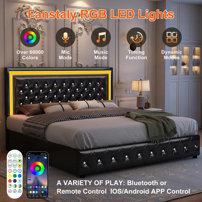 GEGOFORU LED Bed Frame King Size with Storage Drawers, Upholstered Modern Platform Bed, RGB Lights, No Box Spring Needed, Perfect Gift