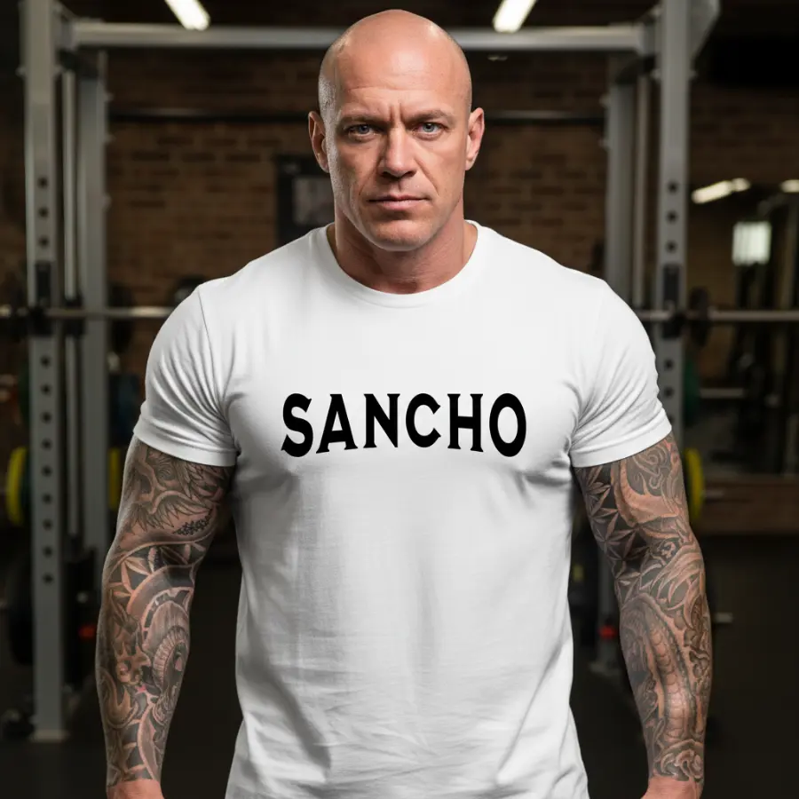 Men's Sancho Text Graphic Streetwear T-Shirt, Classic Short-Sleeve Top, Name Statement Tee, Tshirt, Shortsleeve, Casual, Cotton, Minimalist, Ribbed, Fabric